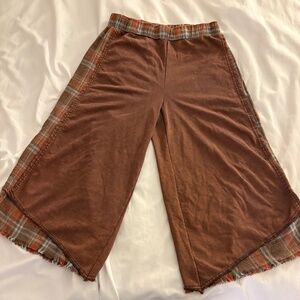 Oli and Hali Wide Leg Crop Mineral Washed Brown Plaid Mix Pants Combo--Large